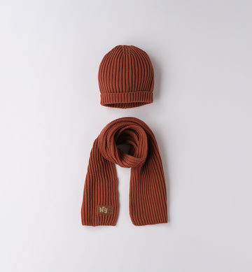 Cappello e sciarpa bimbo in maglia blu navy e mattone