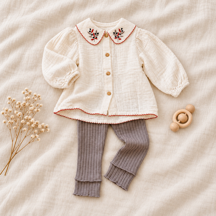 Completo bimba in cotone con colletto ricamato