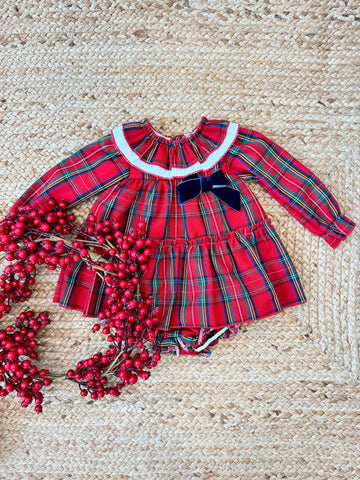 Abito in tartan con coulotte e fiocco in velluto