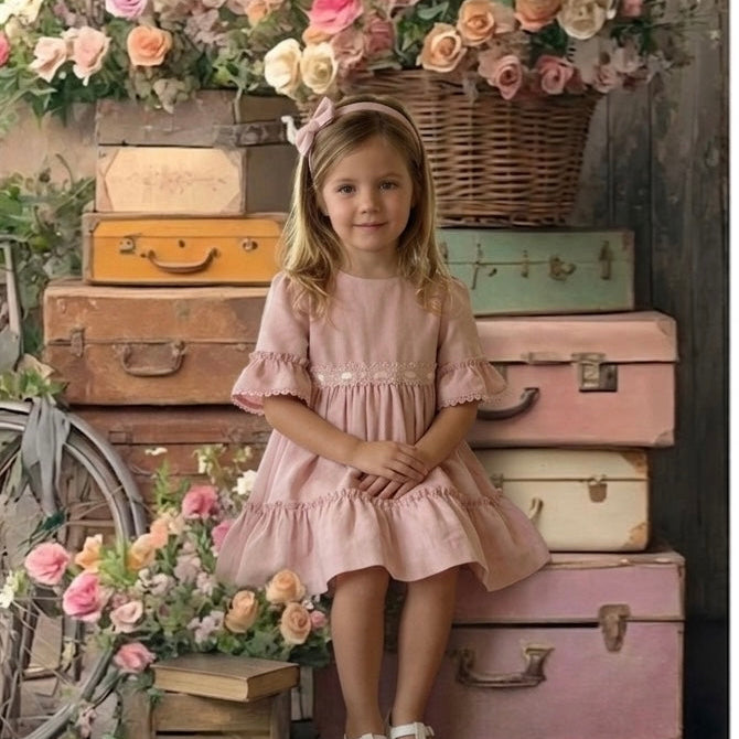 Vestito bambina elegante rosa con pizzo e balze