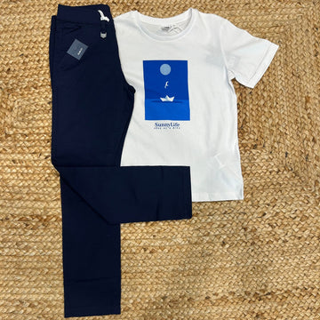 COMPLETO BAMBINO T-SHIRT "SUNNY LIFE" E PANTALONE BLU NAVY SLIM FIT