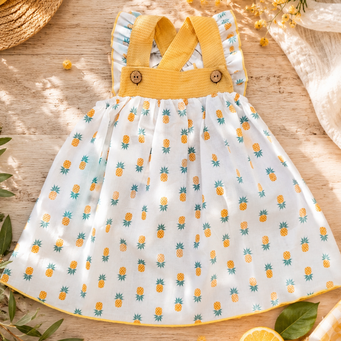 Vestitino bimba in cotone con stampa ananas e spalline incrociate