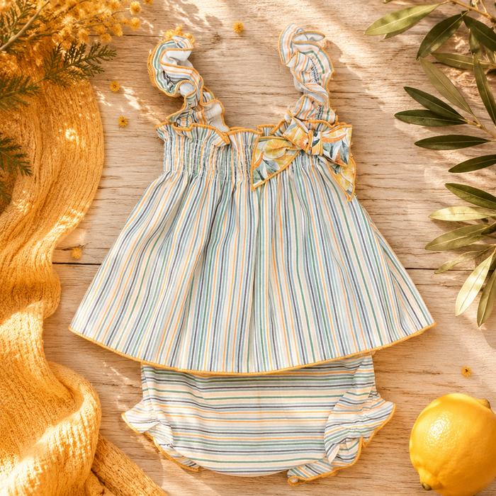 Completo bimba in cotone a righe con fiocco e culotte coordinata