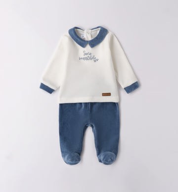 Tutina ciniglia neonato panna e blu con ricamo
