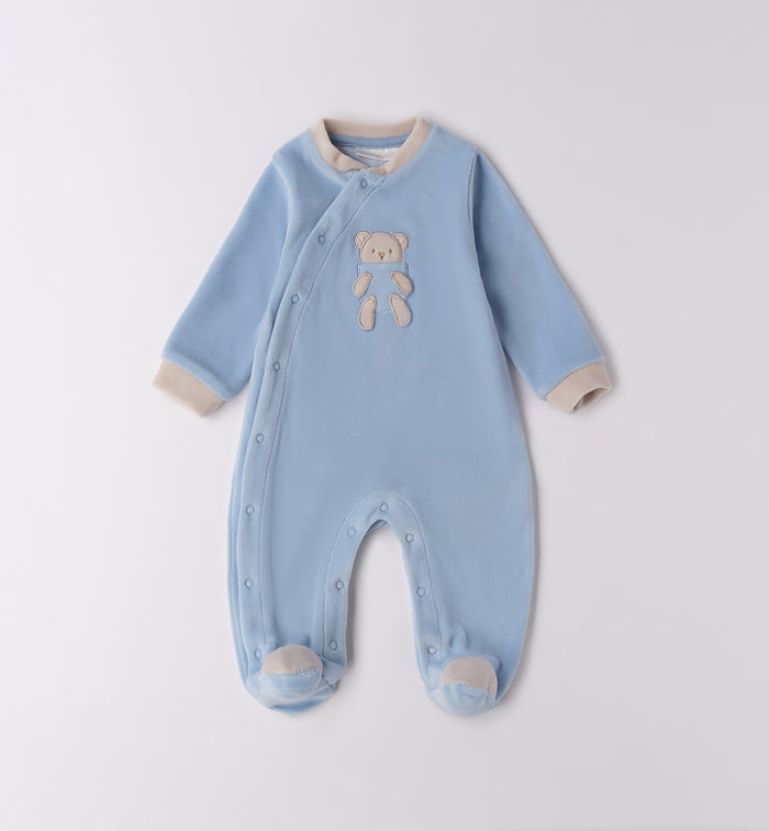Tutina neonato ciniglia celeste con orsetto applicato