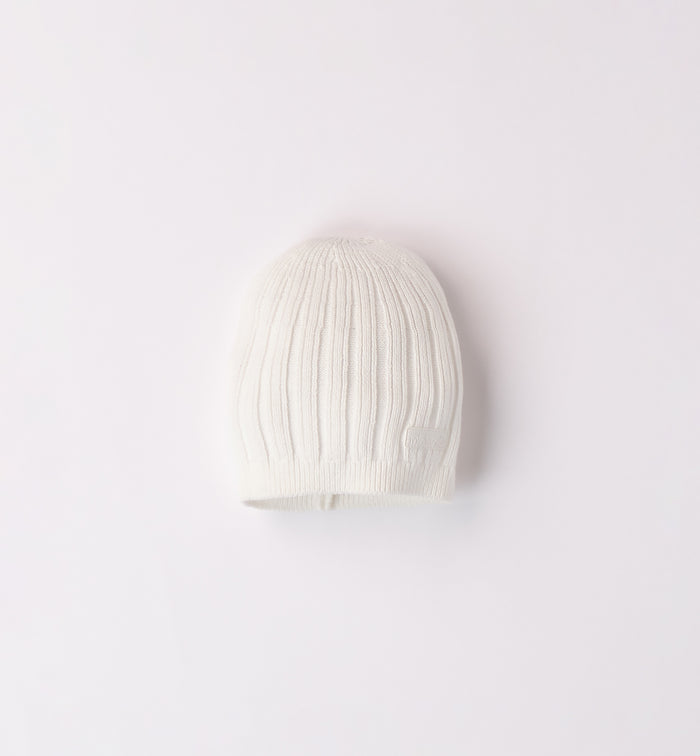 Cappellino neonato/a in lana-cotone beige e panna