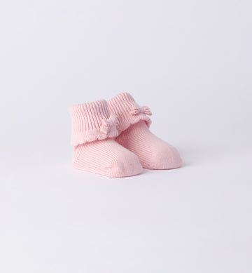 Scarpette neonata in lana-cotone rosa e panna con fiocco