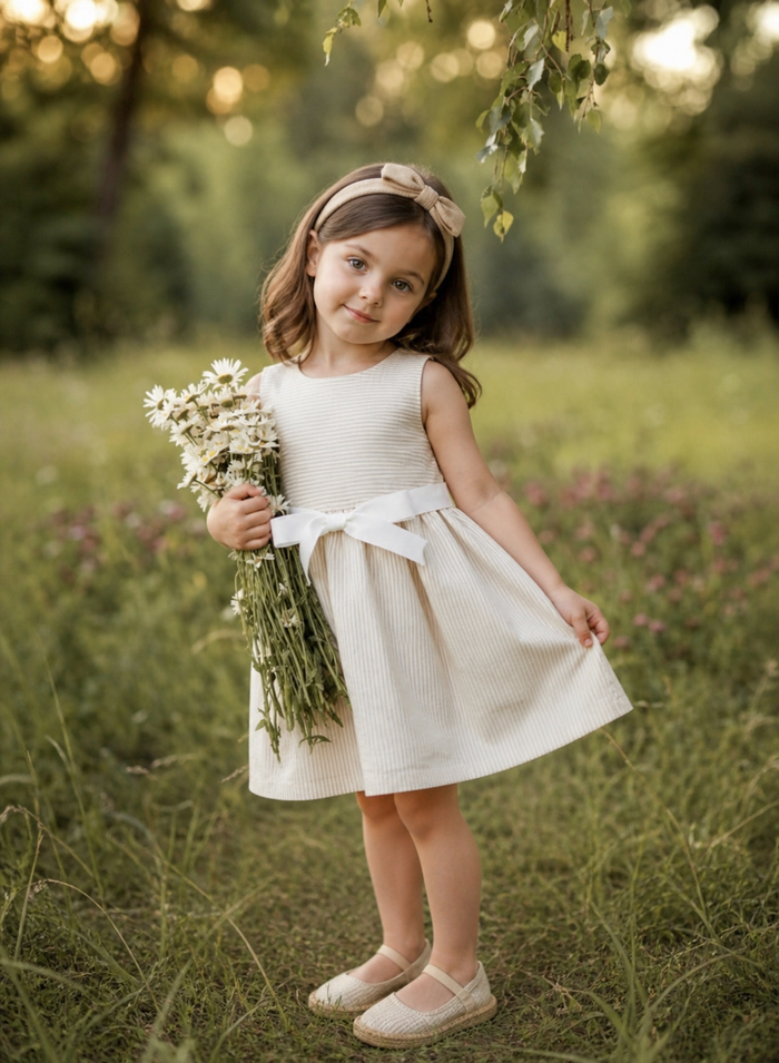 Abito elegante bimba a righe beige con fiocco