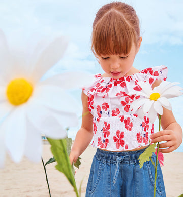 COMPLETO BIMBA T-SHIRT ROSSA CON VASETTI E SHORTS IN DENIM LEGGERO