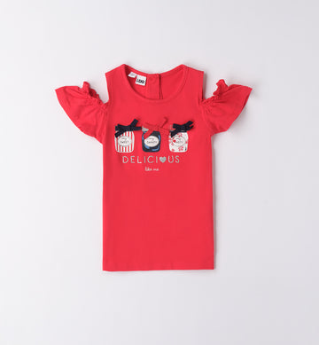 T-SHIRT ROSSA CON VOLANT E BARATTOLINI RICAMATI