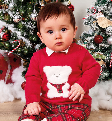 Completo natalizio bimbo rosso con orsetto e pantaloni tartan