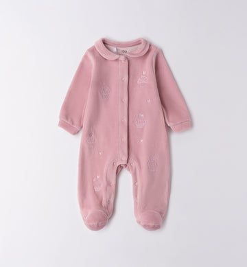 Tutina ciniglia rosa con ricami cupcake