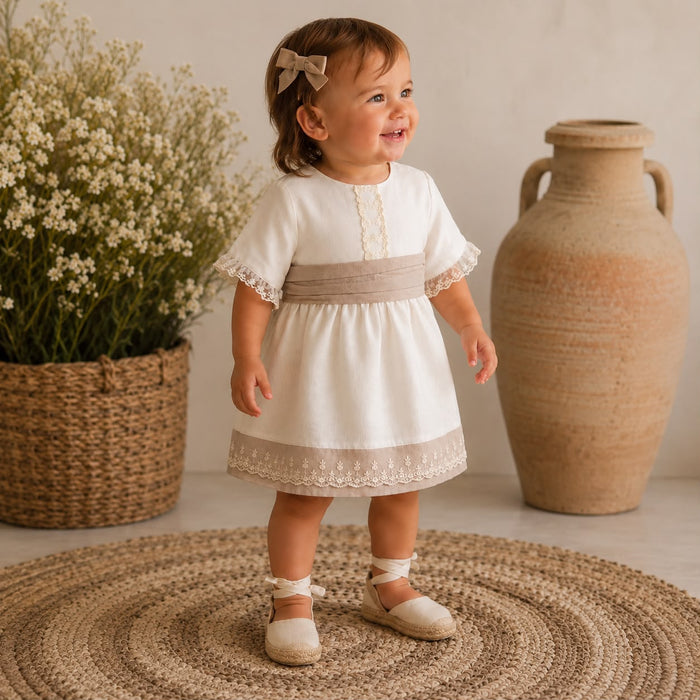 Abito In Lino Beige E Bianco Panna