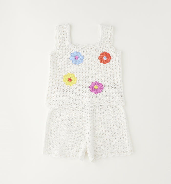 Completo bimba in cotone con top e shorts lavorati e fiori applicati