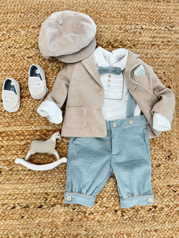 Completo battesimo bimbo beige e verde salvia in velluto