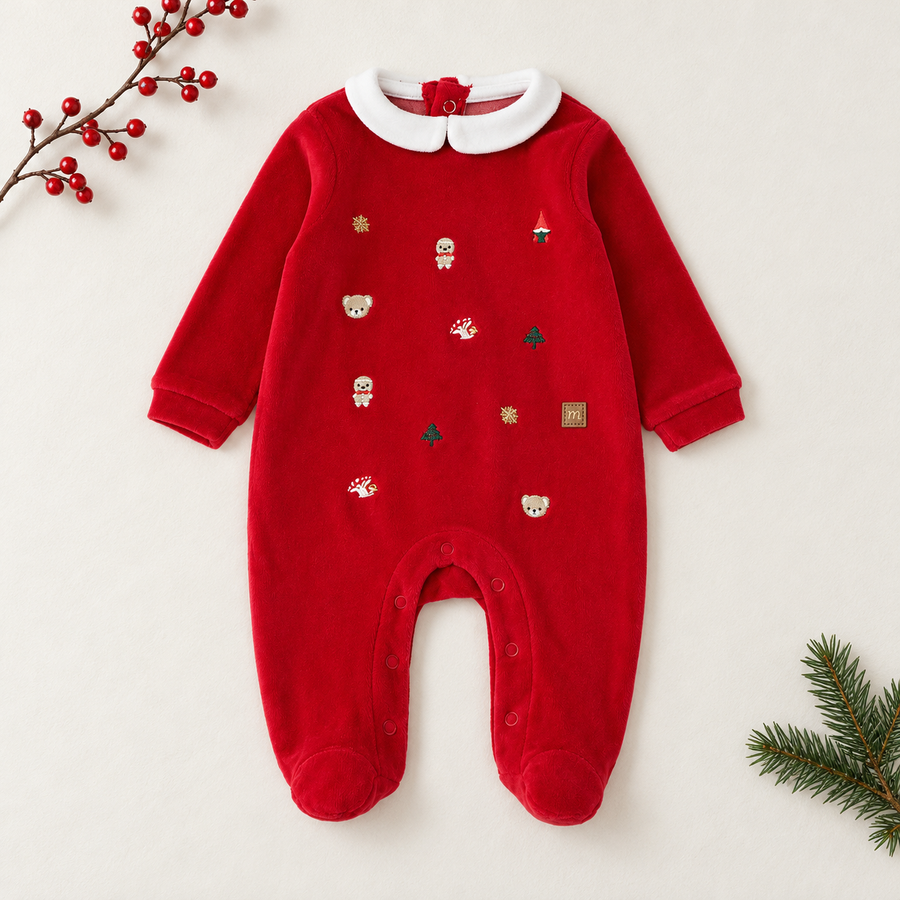 Tutina natalizia neonato unisex rossa con ricami