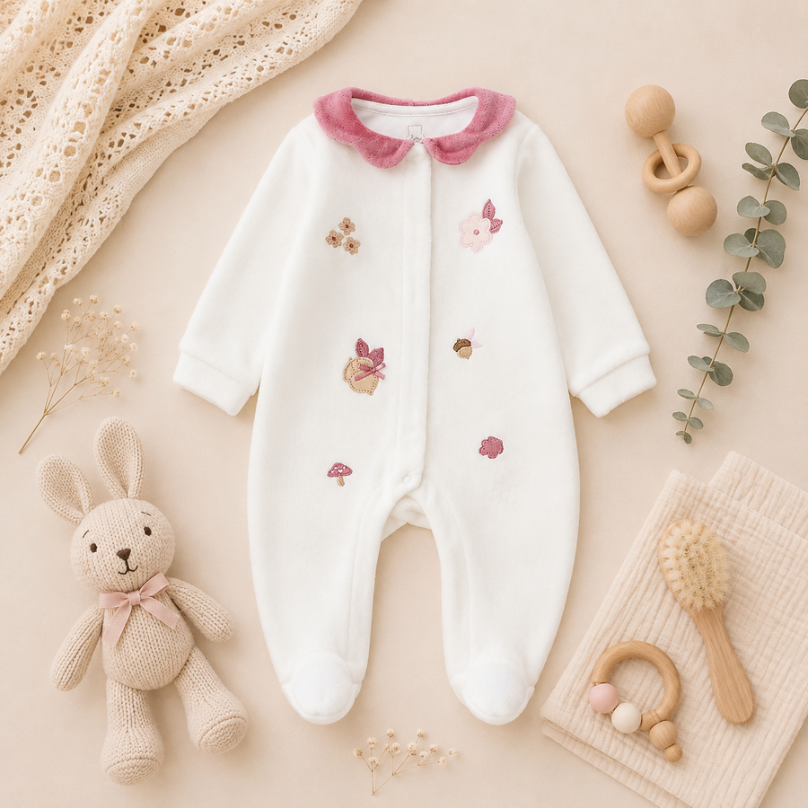 Tutina nascita neonata in ciniglia bianca con ricami floreali rosa