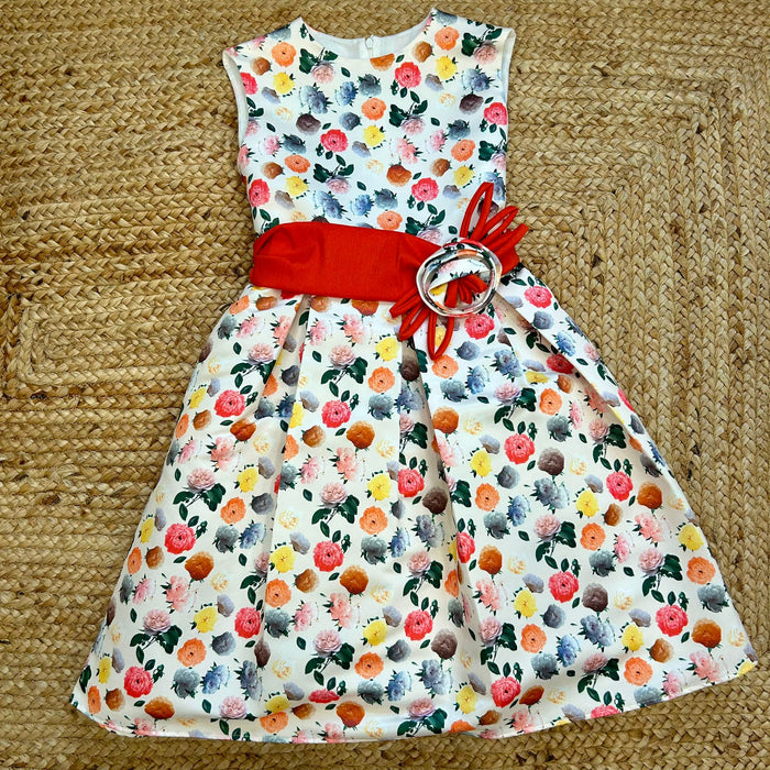 Abito bambina floreale con cintura arancio