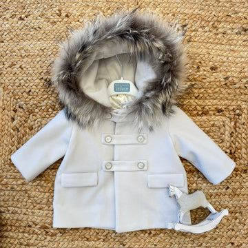 Cappottino bimbo beige con cappuccio bordato in pelliccia