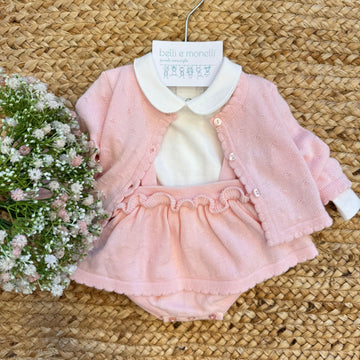 Completo neonata 3 pezzi rosa cotone e lana