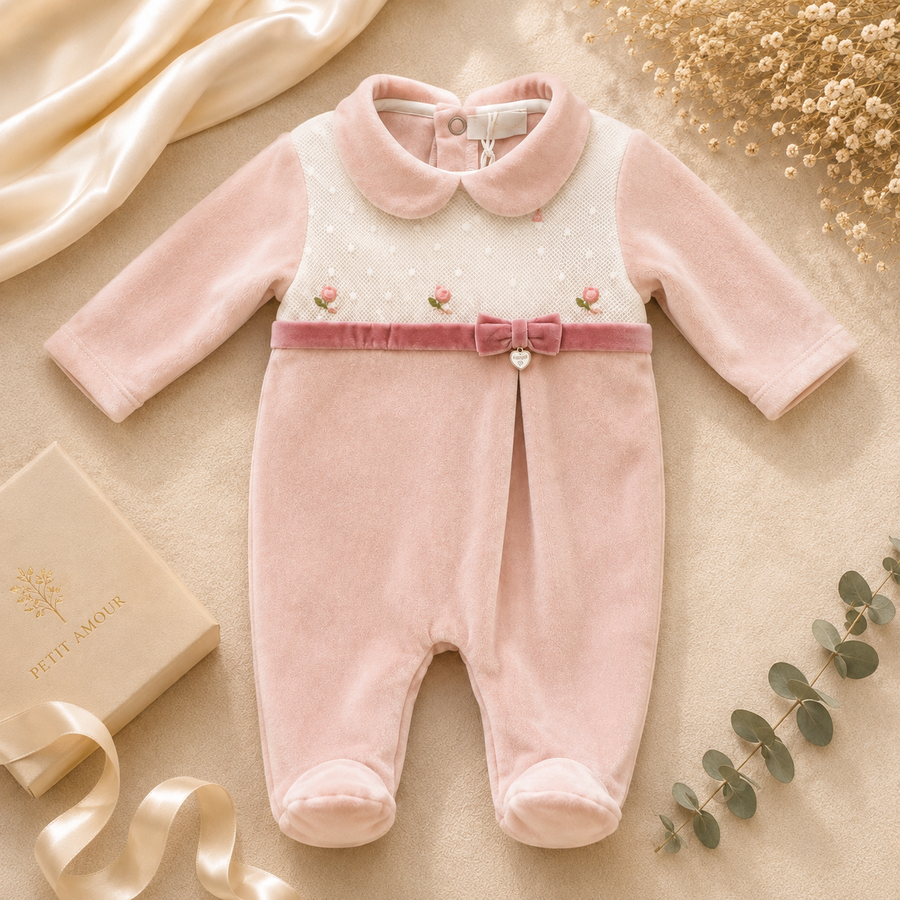 Tutina neonata in ciniglia rosa con tulle ricamato e fiocco