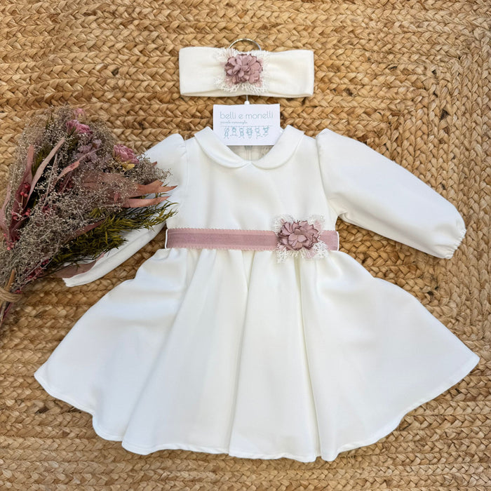 Abito battesimo bimba con cintura rosa e fascia coordinata