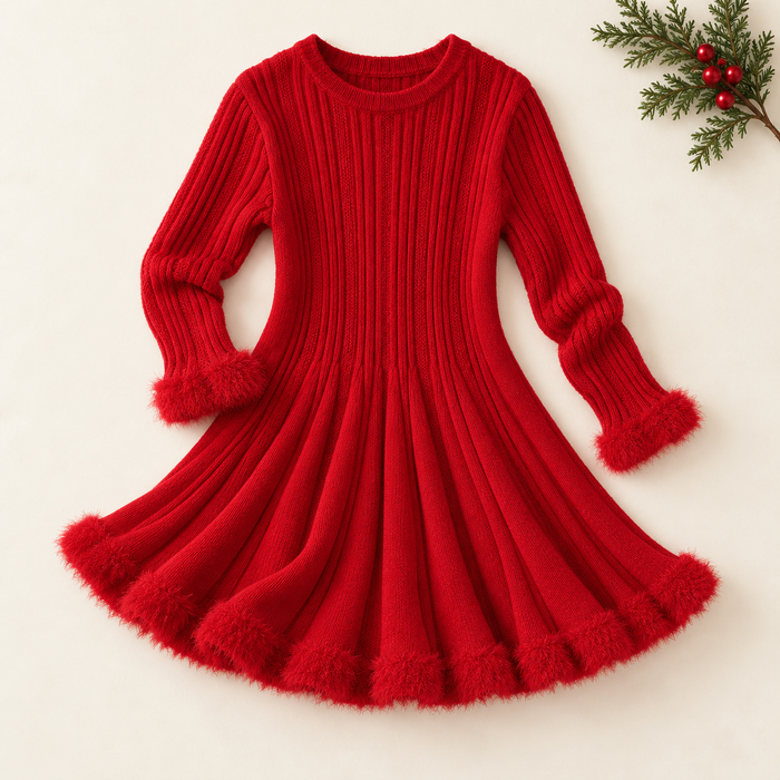 Abito natalizio bambina rosso in maglia con dettagli peluche