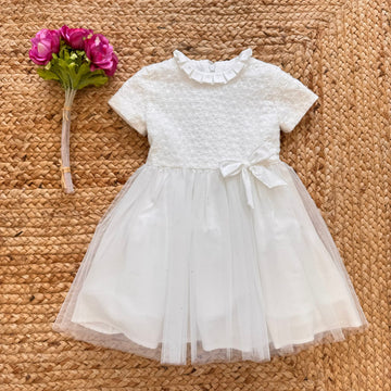 Vestito battesimo bimba in tulle con ricamo e fiocco