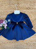 Abito blu velluto bimba elegante con cintura fiocco