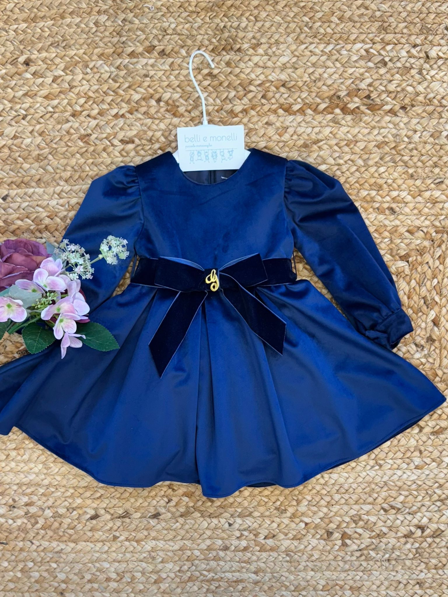Abito blu velluto bimba elegante con cintura fiocco