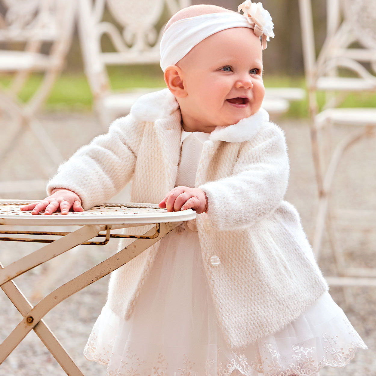 Cappottino battesimo neonata bianco con colletto pelliccia