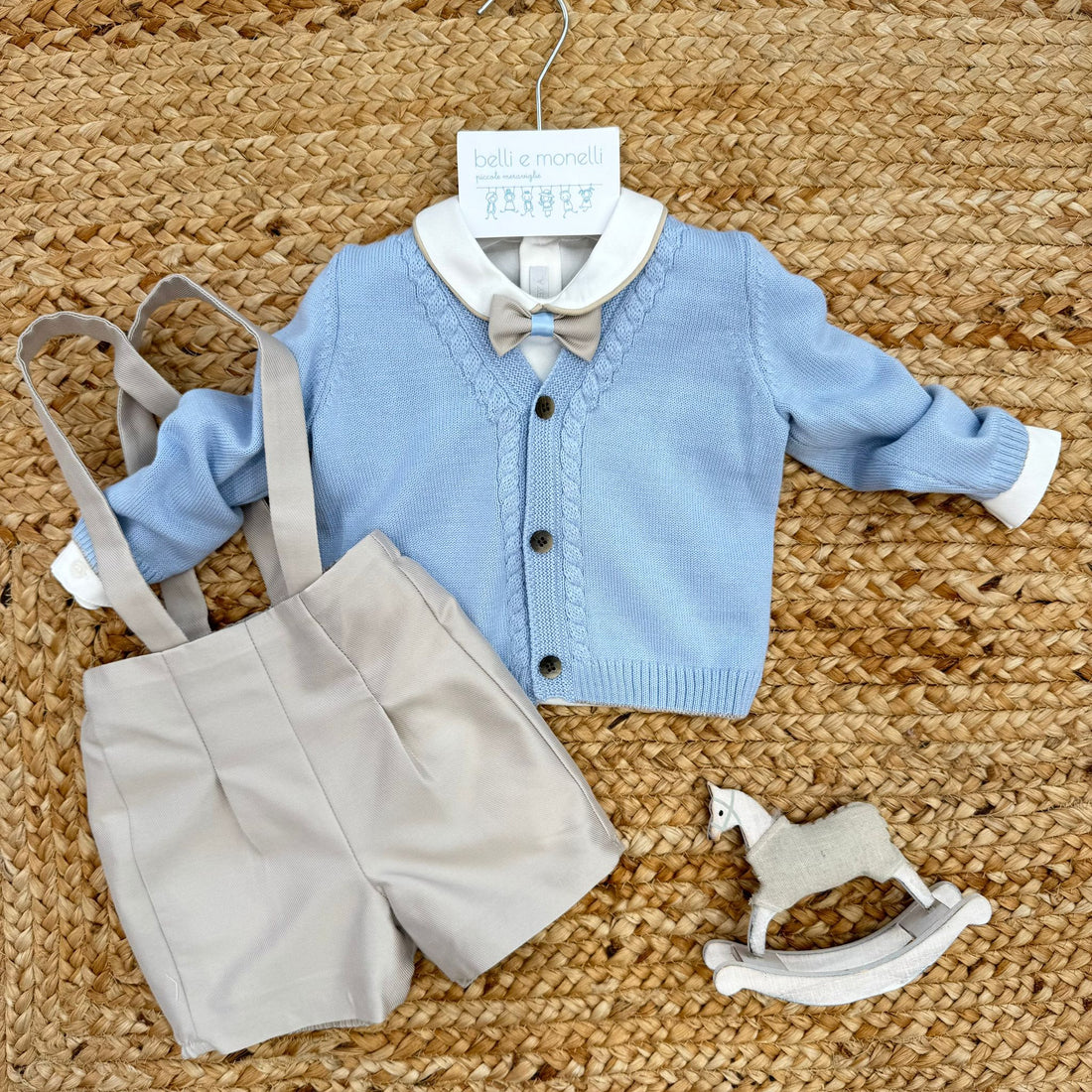 Completo battesimo neonato celeste e tortora con papillon e cardigan