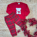 Completo natalizio per bimbo con maglioncino rosso e orsetto soffice con sciarpina scozzese, abbinato a pantaloni tartan rossi.