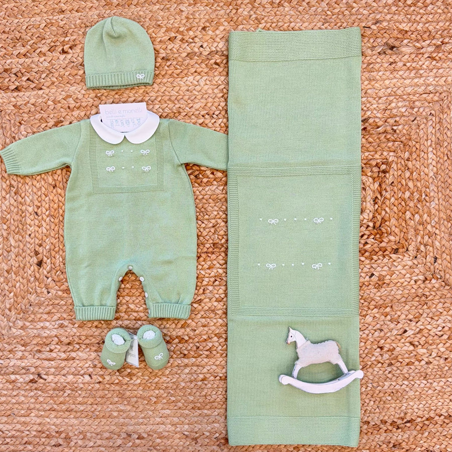 Uscita clinica neonato/a in pura lana verde foglia con nodo d’amore
