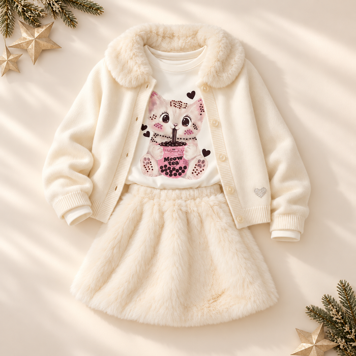 Completo bimba elegante panna con cardigan e gonna effetto pelliccia