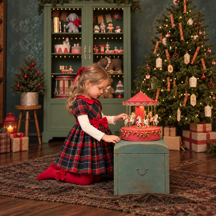 Abito natalizio bambina scozzese blu con fiocco rosso