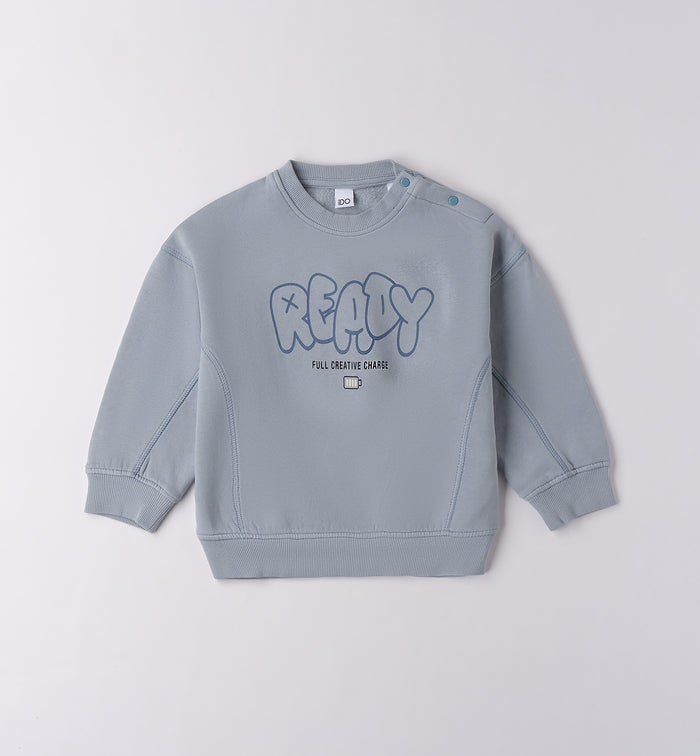 Felpa bambino azzurra in caldo cotone con scritta READY - fronte