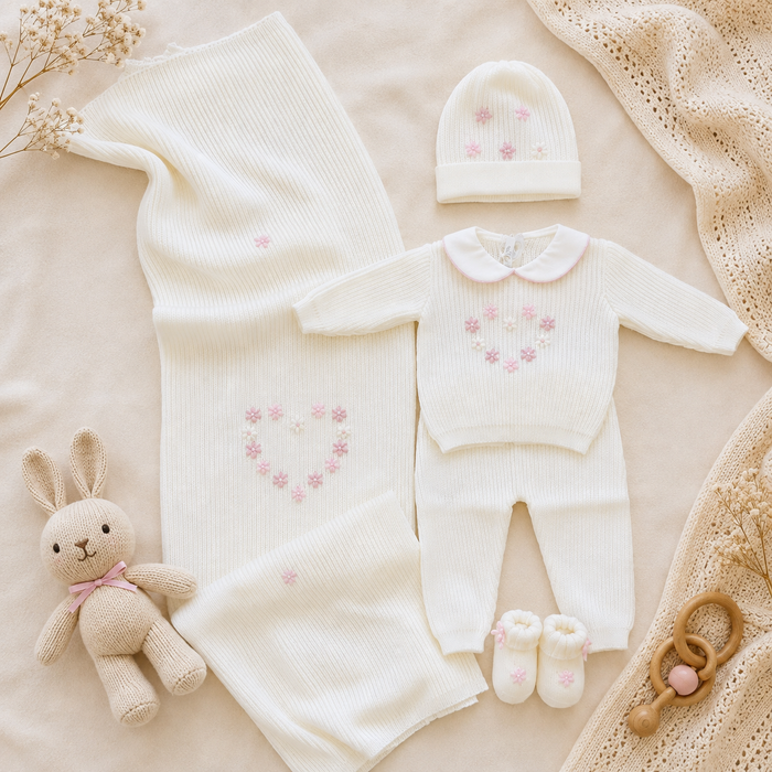 Uscita clinica neonata in pura lana bianco con copertina e ricami a mano