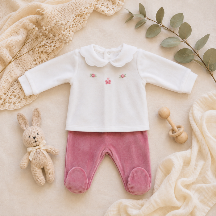 Tutina neonata in ciniglia rosa antico e latte con ricamo floreale