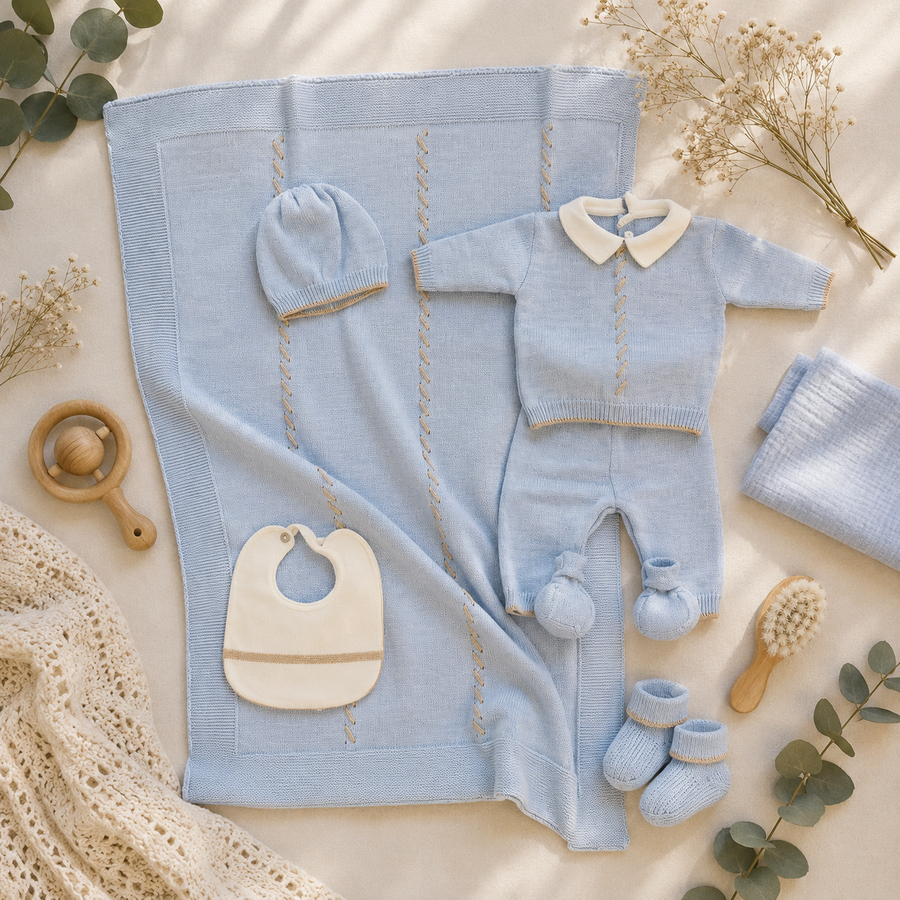 Uscita clinica neonato in misto lana azzurro e beige con copertina