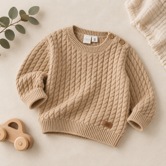 Maglioncino neonato beige in cotone e lana con trecce