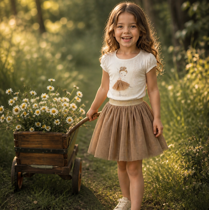 Completo bimba con maglia ballerina e gonna tulle beige