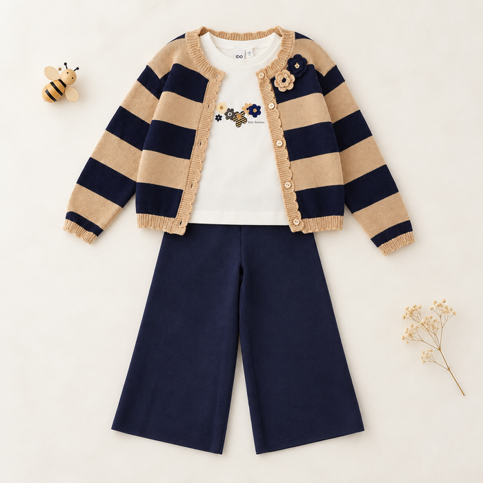 Completo bimba tre pezzi con cardigan a righe