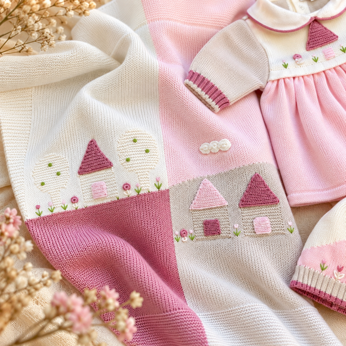 Copertina neonata in pura lana con ricamo casette rosa