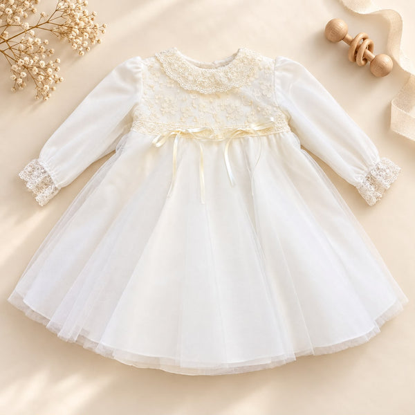 Abito battesimo bimba in tulle e pizzo con ricamo floreale