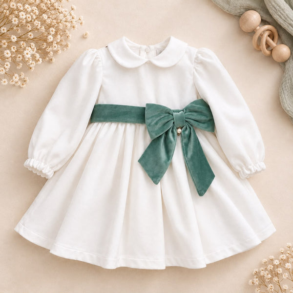 Abito battesimo bimba in velluto con fiocco verde