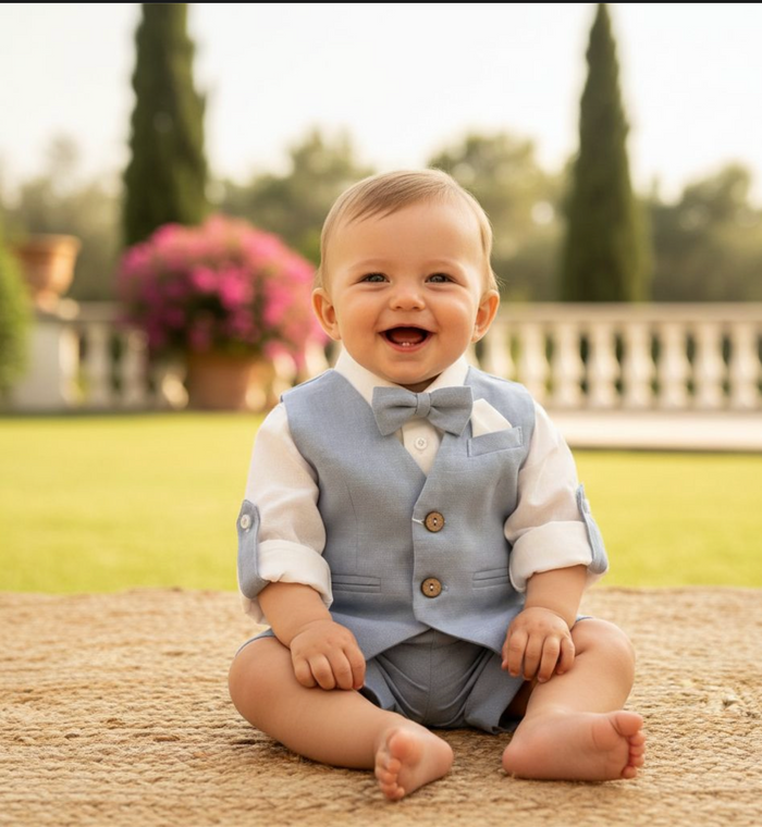 Completo battesimo in cotone e lino azzurro polvere