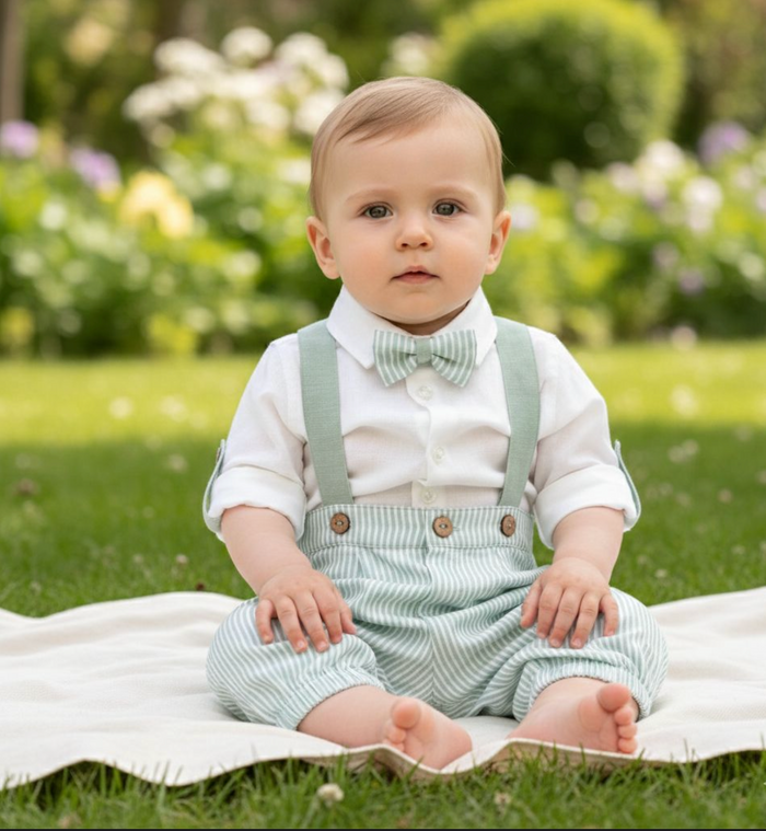 Completo battesimo neonato verde salvia con pantalone rigato