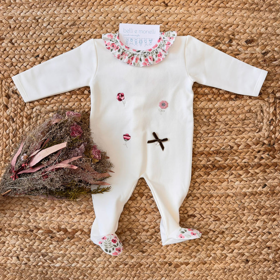 Tutina neonata caldo cotone con fiori rosa e colletto volant