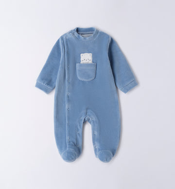 Tutina neonato ciniglia azzurra con orsetto e taschino